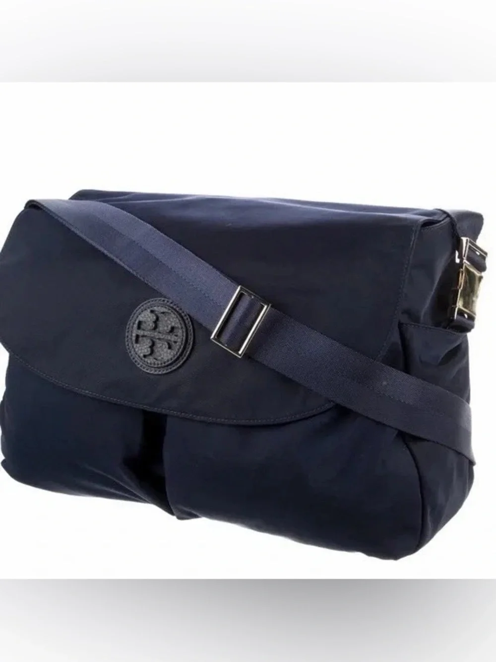 Tory Burch Marion Messenger Luxe Mom Multi Use Black Nylon Leather Pockets EUC